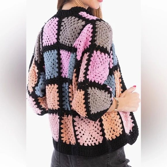 SAACHI NWT Vintage Inspired Boho Granny Square Knit Cardigan Sweater size O/S - Picture 4 of 17